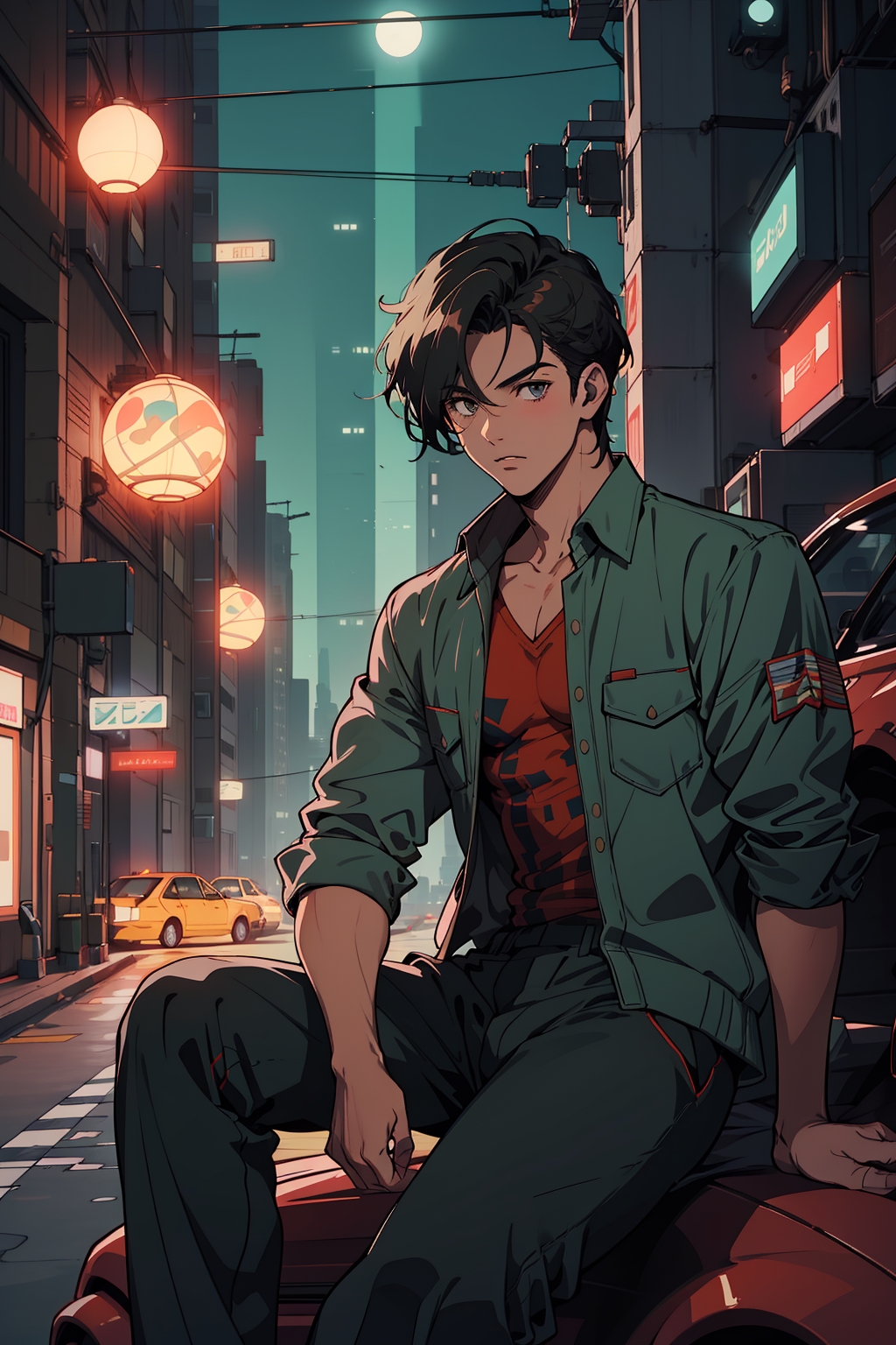 01495-3309023360-1boy sitting on a car, night city,epic photo, ,retro anime style.jpg